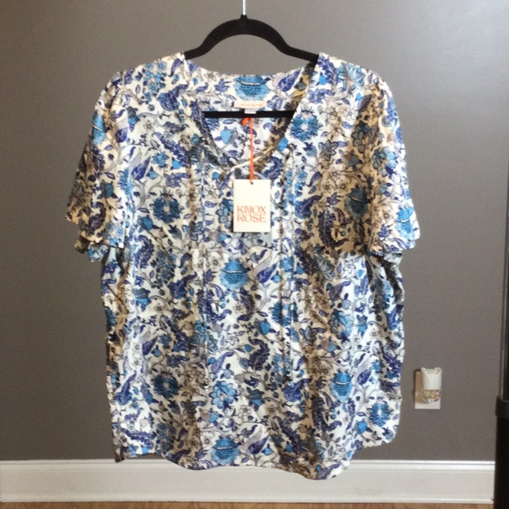 NWT XL Knox Rose Blue Floral Boho Short-Sleeve Top